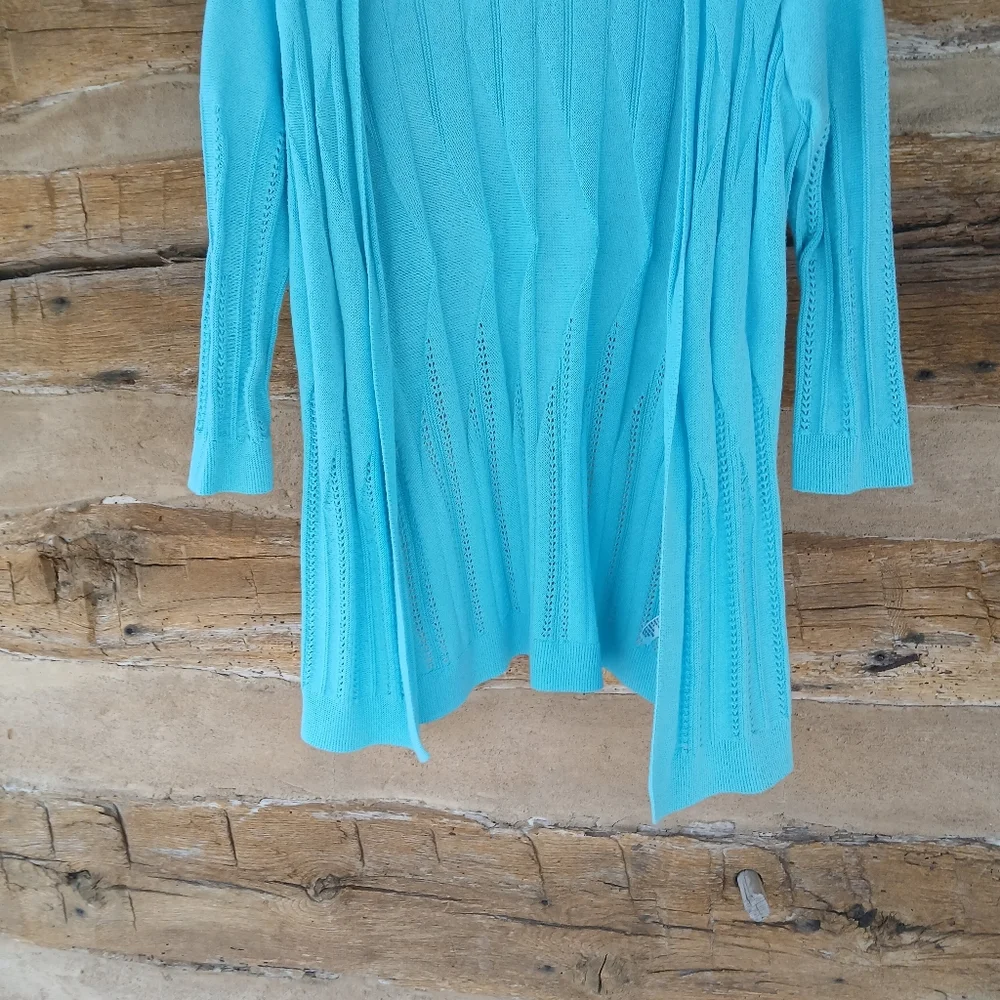 Kim Rogers Turquoise Open Front Pointelle Cardigan Medium - Picture 3 of 9